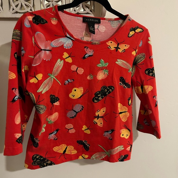 Harold's Vibrant Red Butterfly and Strawberry Print Blouse - Picture 1 of 4